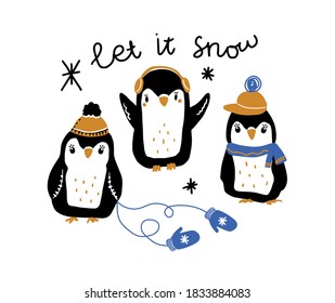 Ilustración vectorial de lindos pingüinos graciosos en sombreros de invierno. Diseño postal. Feliz Navidad, primer concepto de nieve.