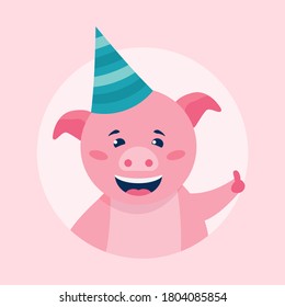 Vektorgrafik eines süßen lustigen rosa Schweins in einem Hut, der aufklappt. Fröhliche Geburtstagskarte im Cartoon-Stil