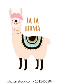 vector illustration of cute funny pink llama, adorable animal with lettering isolated on white background, ethnic style