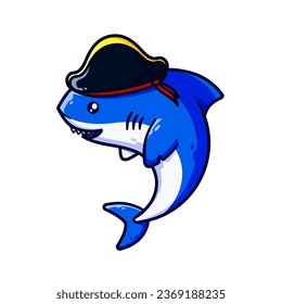 Vector Illustration of Cute and Funny Pirate Shark Wearing Pirate Hat. Cartoon Style