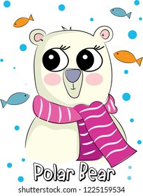 Vector Illustration of Cute, funny polar bear has big eyes with sketch of fishes illustration. emoji, cartoon character, sketch vector. Happy winter