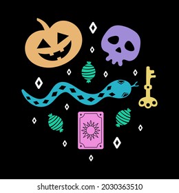 vector illustration with cute funny pumpkin, skulls and others halloween elements on dark background, kawaii style decoration for halloween