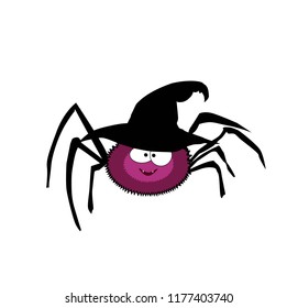 Vector illustration of cute funny purple smiling spider wearing black halloween witch hat. Cartoon spider character isolated on white background. Digital design element, icon, clip art.