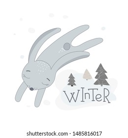 Vector illustration of a cute funny rabbit in winter and winter holidays. Calligraphy inspiration graphic design typography element. Funny vector lettering for cards, shirt prints, labels. Decor eleme