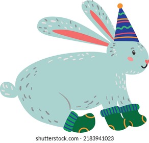 Vector illustration of cute funny rabbit in winter socks and in a festive hat