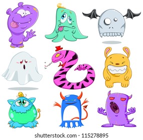 A vector illustration of cute funny and scary monsters for Halloween.