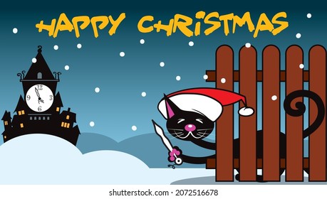 Vector illustration of the cute, funny, sleeping black cat that stole a clock hand - suitable for Christmas card, banner...