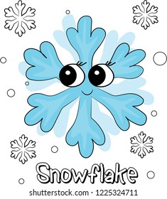 Vector Illustration of Cute, funny snowflake has big eyes with sketch of snowflakes illustration. emoji, cartoon character, sketch vector. Happy winter