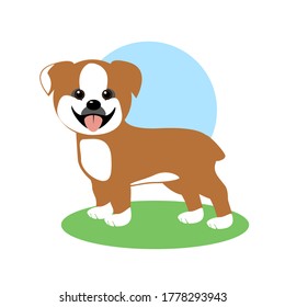 Vektorgrafik eines süßen, lustigen, stylisierten Cartoon-Bulldog-Welpen auf blauem Himmel auf grünem Gras