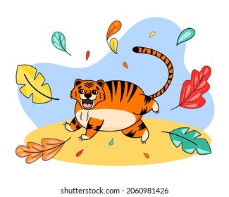 Vector illustration with cute funny tiger and palm leaves, wild tiger animal in cartoon style. Illustration for posters, postcards, T-shirts.