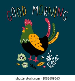 Vector illustration of cute funnyfolk rooster for print,poster,scandinavian design