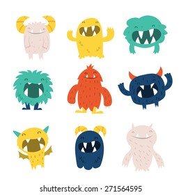 A vector illustration of cute furry monsters set.