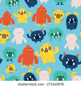 A vector illustration of cute furry monsters seamless pattern background.