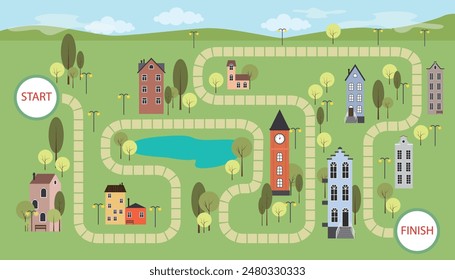 Ilustración vectorial de un fondo de juego lindo. Escena de paisaje de dibujos animados con un laberinto, con inscripciones de inicio y fin, árboles, río, casas de época con bancos, escaleras, farolas, cielo y nubes.