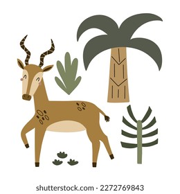 vector illustration of a cute gazelle surrounded by tropical plants, illustration for children
