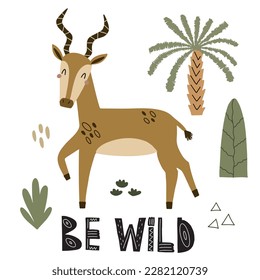 vector illustration of a cute gazelle surrounded by tropical plants, illustration for children