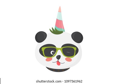 Vector illustration: cute geek panda unicorn. Unicorn Panda Bear with hipster eyeglasses on.