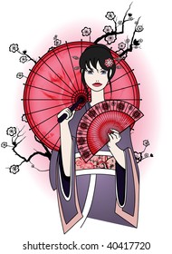 Vector illustration of a cute geisha in traditional dress