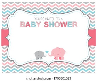 A vector illustration of a cute gender neutral baby shower invitation card with elephants, pink and blue chevron pattern and an ornate empty frame