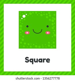 vector illustration. cute geometric figures for kids. Green shape square isolated on white background with funny face.