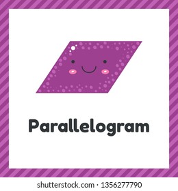 vector illustration. cute geometric figures for kids. Purple shape parallelogram isolated on white background with funny face.