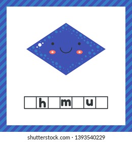 vector illustration. cute geometric figures for kids. Blue shape rhombus isolated on white background with funny face. Educational logic worksheet for preschool and school age. Guess the word.