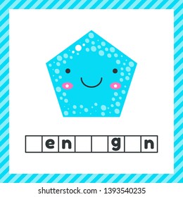 vector illustration. cute geometric figures for kids. Blue shape pentagon isolated on white background with funny face. Educational logic worksheet for preschool and school age. Guess the word.