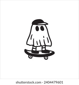 vector illustration of cute ghost character playing skateboard