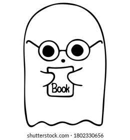 Vector illustration. Cute ghost in a glasses and with book isolated on white. Hand drawn simple doodle clipart in a trendy minimalism style. Halloween theme. For logo, banner, card, poster, pattern.