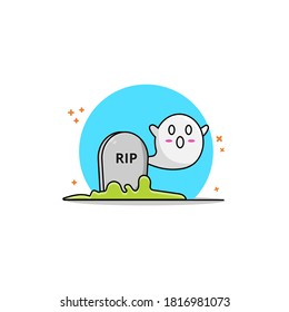 vector illustration of cute ghost and halloween themed funeral. vector cartoon style