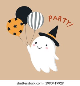 Vector Illustration Of Cute Ghost With Halloween Witch Hat And Three Balloons.