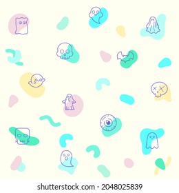 Vector illustration of a cute Ghost and Halloween. Collection of Frankenstein, Skeleton, Eyeball, spook, alien, boo and other elements. Isolated on beige.