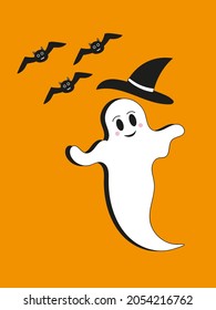 
Vector illustration cute ghost in a hat with bats on an orange background. Flat style