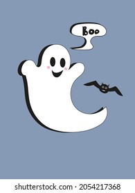 Vector illustration cute ghost in a hat with bats on an blue background. Flat style