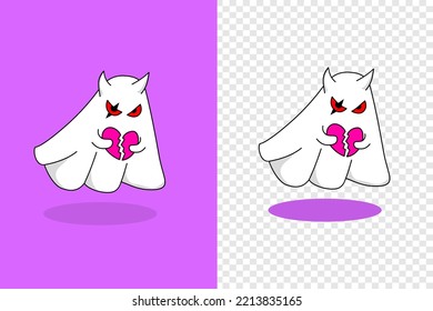 Vector Illustration of Cute Ghost Holding Heart broken in Cartoon Flat Style