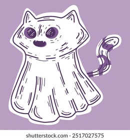 Vector illustration of a cute ghost kitten on a lilac background. Cartoon Sticker with a picture of a happy Halloween