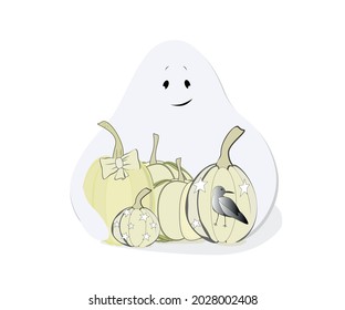Vector illustration with cute ghost and pumpkins.Halloween holiday.For holiday card,print,sticker.