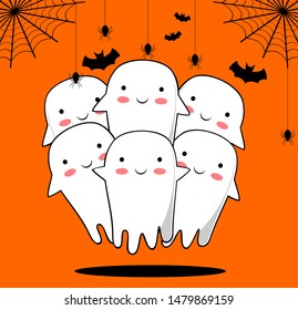 Vector illustration of a cute ghost with a spider and bat on orange background, Halloween concept