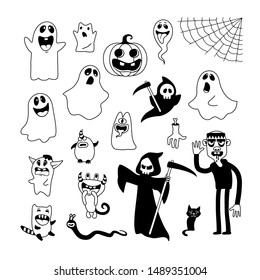 Vector illustration of cute Ghosts, Monsters, web. Halloween background, cartoon doodle