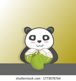 Vector illustration: Cute giant cartoon panda carrying a young coconut on summer vacation.