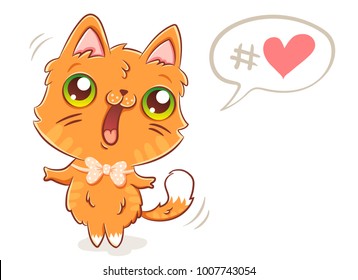 Vector illustration of a cute ginger cat in kawaii style. Cute kitty and bubble with heart.