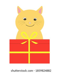 Vector illustration of a cute ginger cat with a gift isolated on white background