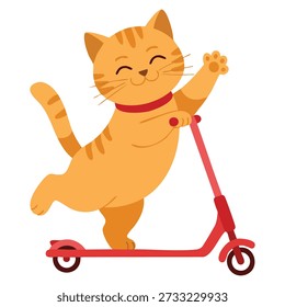 Vector illustration of cute ginger cat riding kick scooter ideal for playful children cartoon fun animal activity design and creative illustration