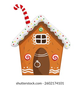 Vector illustration of a cute gingerbread house with candy decorations. Festive Christmas dessert isolated on white background.