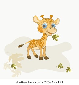 Vector illustration of  cute giraffe in a clearing with leaves. Template for social media posts, stories, banners, mobile apps. For kids, books, covers, wallpapers, stickers, business cards