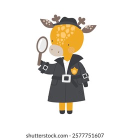 Vector illustration of cute giraffe detective in coat with magnifying glass on white background. Professions for children. Cute cartoon animals police character. Professions for children. Emergency.