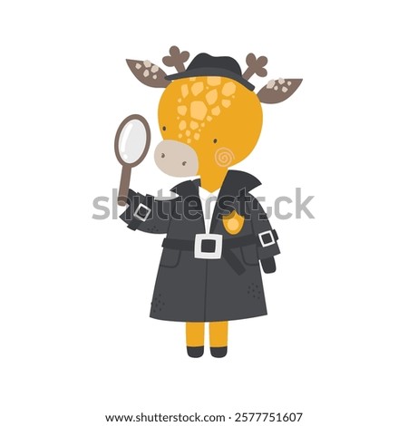 Vector illustration of cute giraffe detective in coat with magnifying glass on white background. Professions for children. Cute cartoon animals police character. Professions for children. Emergency.
