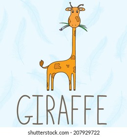Vector illustration with cute giraffe eating grass