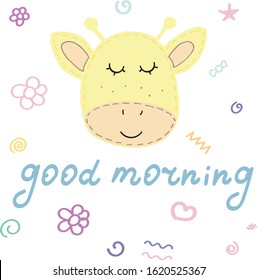 vector illustration, cute giraffe face, good morning