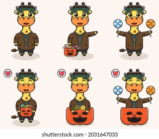 Vector illustration of cute Giraffe with Frankenstein costume. Giraffe character vector design. Good for label, sticker, clipart.